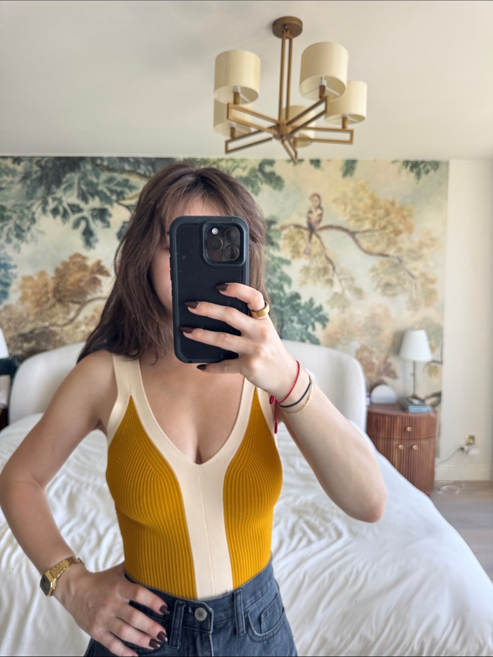Sleeveless V-Neck Ribbed bodysuit in Mustard and Cream